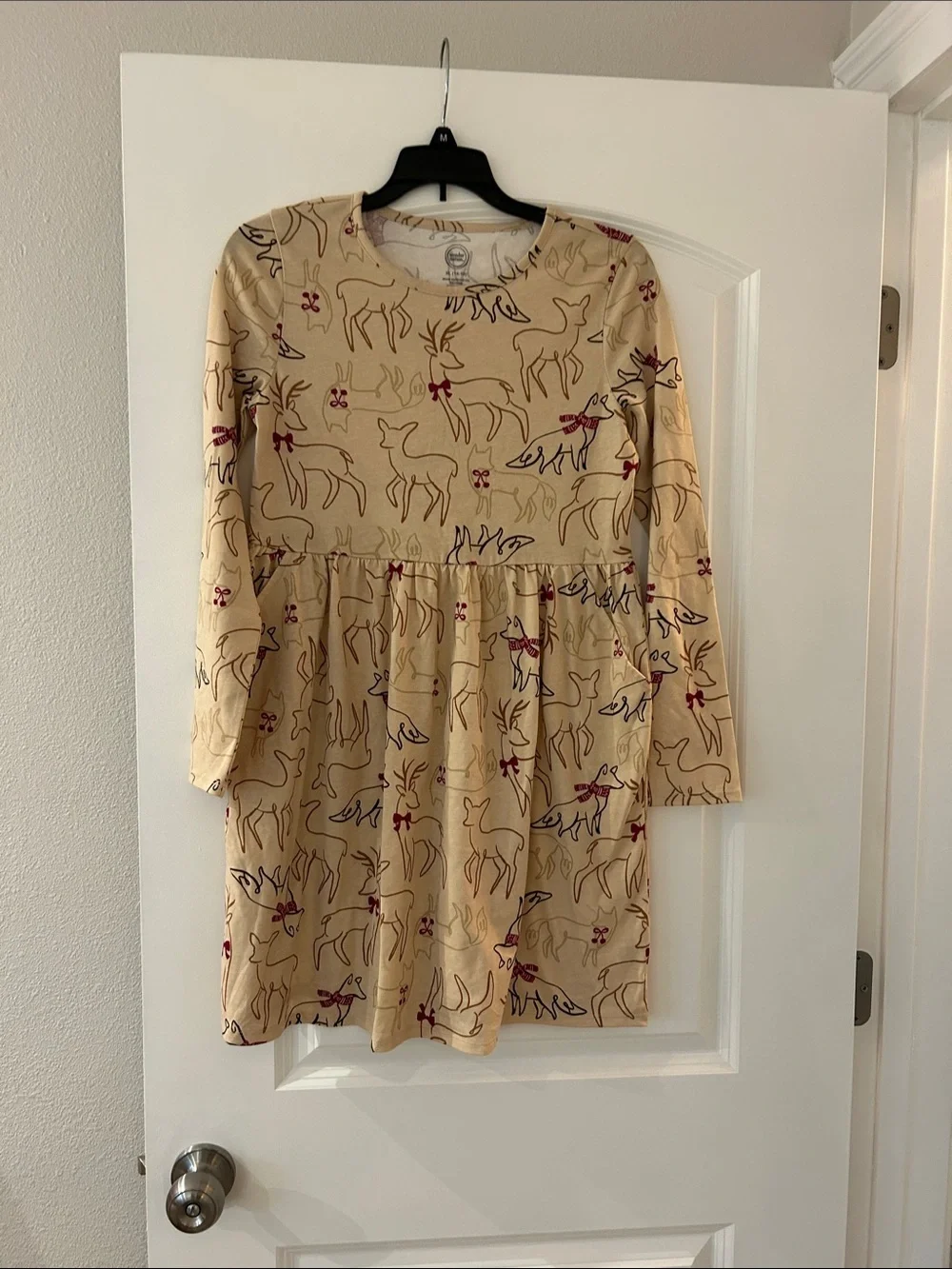 Girls' Cream Deer-Print Long Sleeve Casual Dress- Holiday